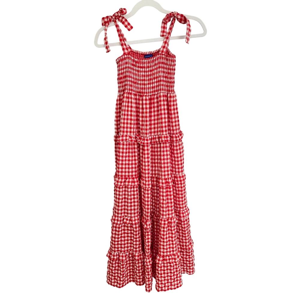 Maison Me Maisonette Brooklyn Red White Gingham Maxi Smocked Tie Dress XS